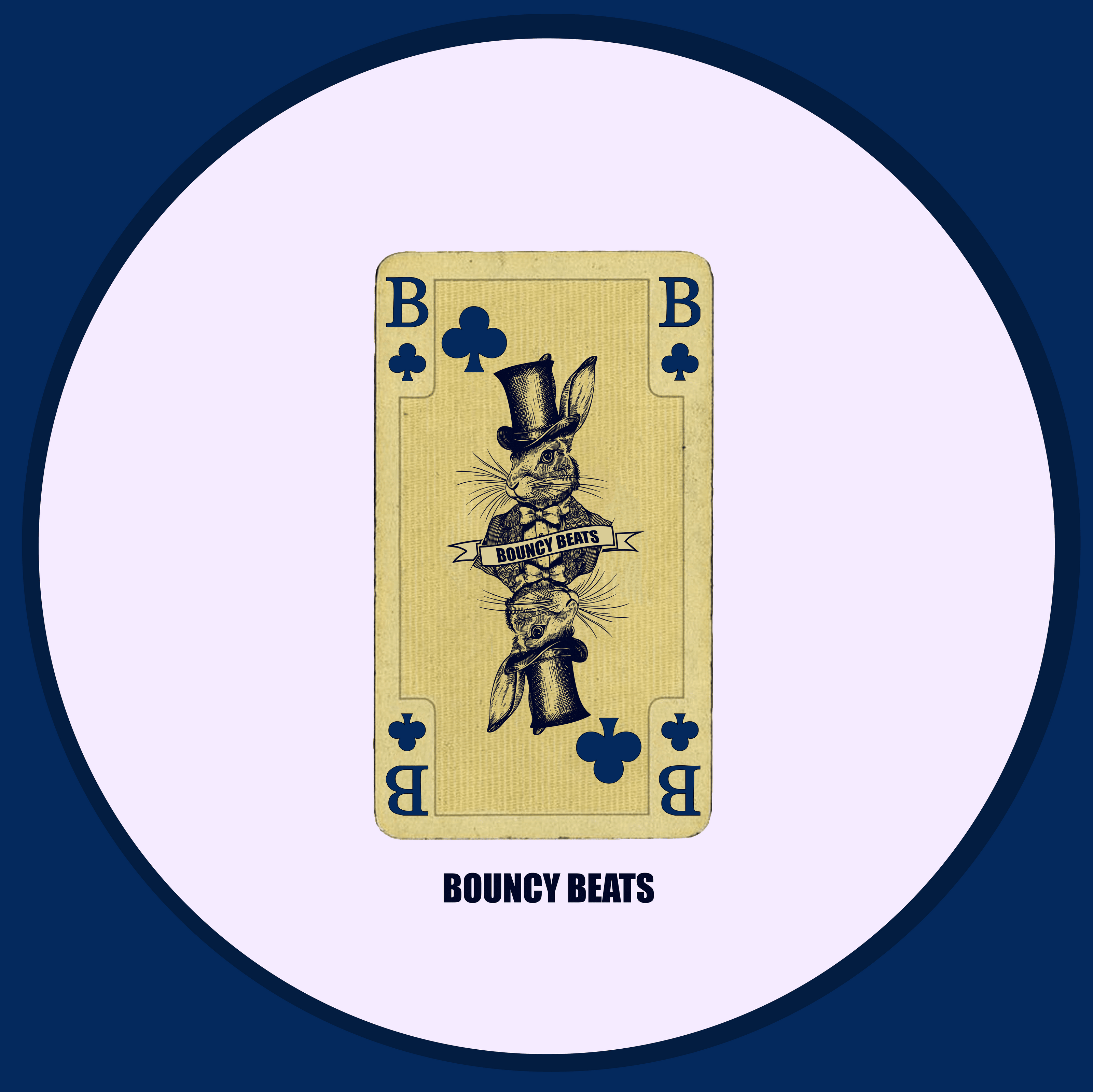 Playing card design with 'Bouncy Beats' branding on a blue and white circular background artwork on of our singles