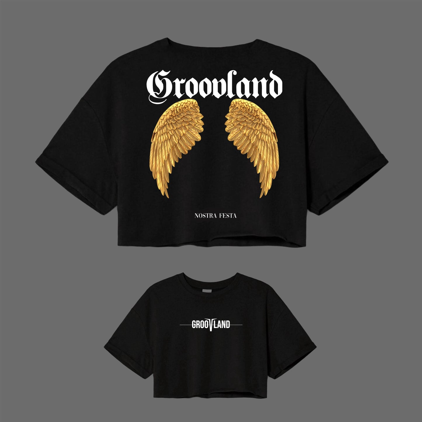GROOVLAND | GoldWings Art - Black Crop Top