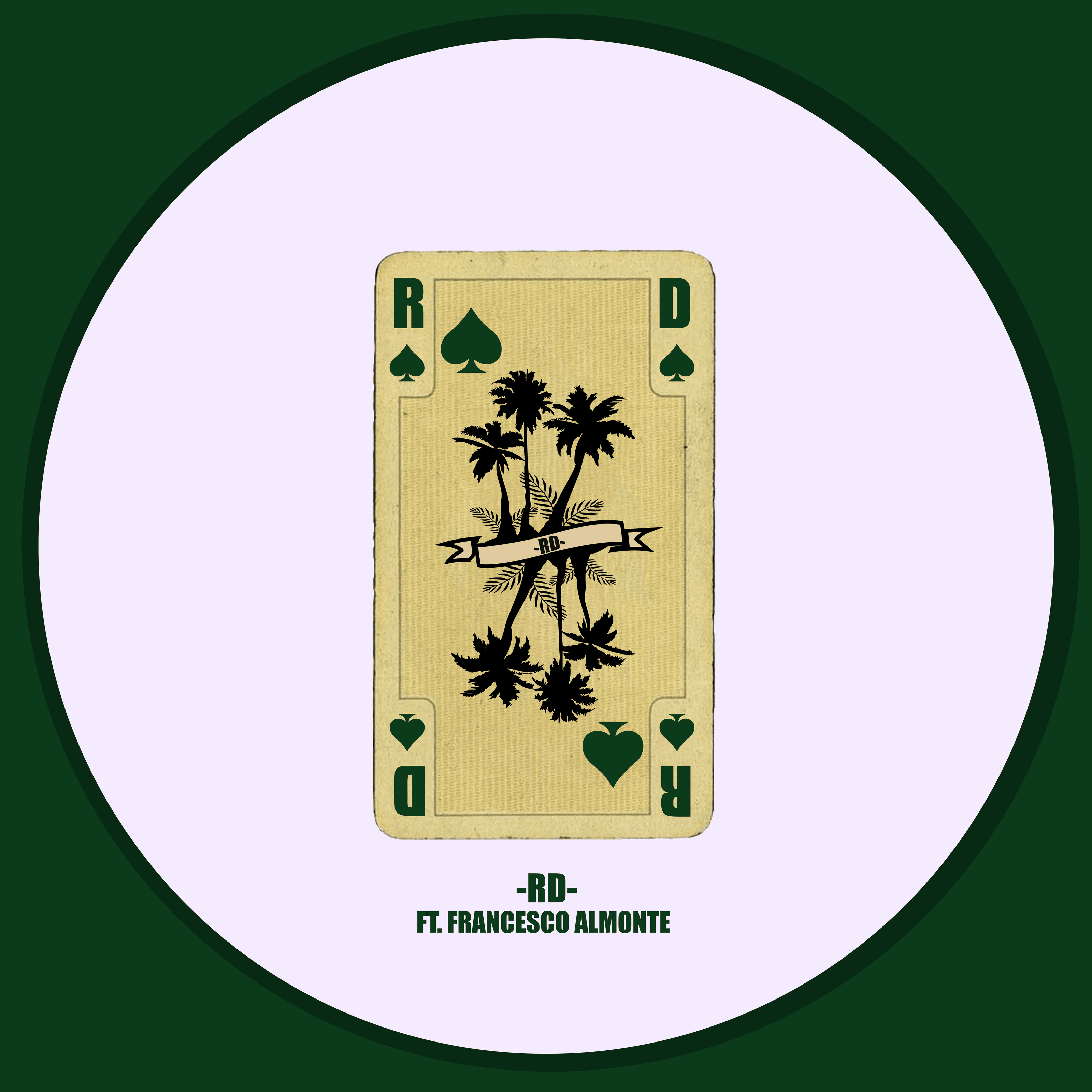 Playing card design with 'RD' branding on a green and white circular background design with palm trees and text on a white artwork one of our singlesPlaying card 
