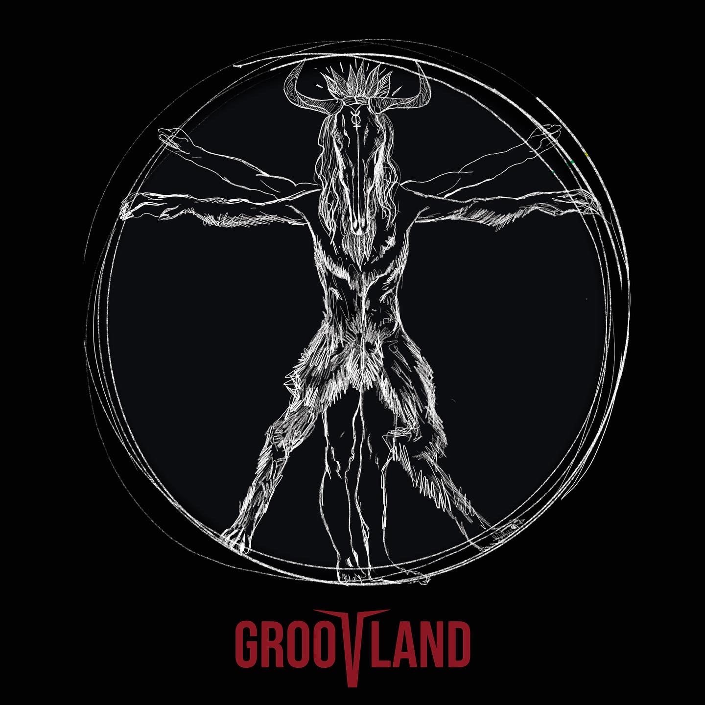 Black and white illustration of a creature with 'Groovland' logo at the bottom on a black background